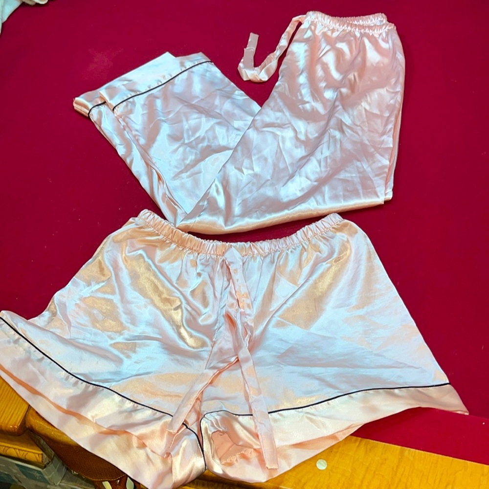 PINK satin PJ PANTS & SHORTS SET Peachy Pink black trim Stretch waist LUXURY MED